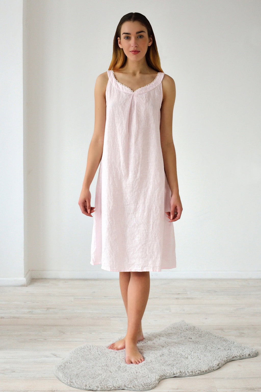 Linen Long Night Gown Rosie with Lace Trim