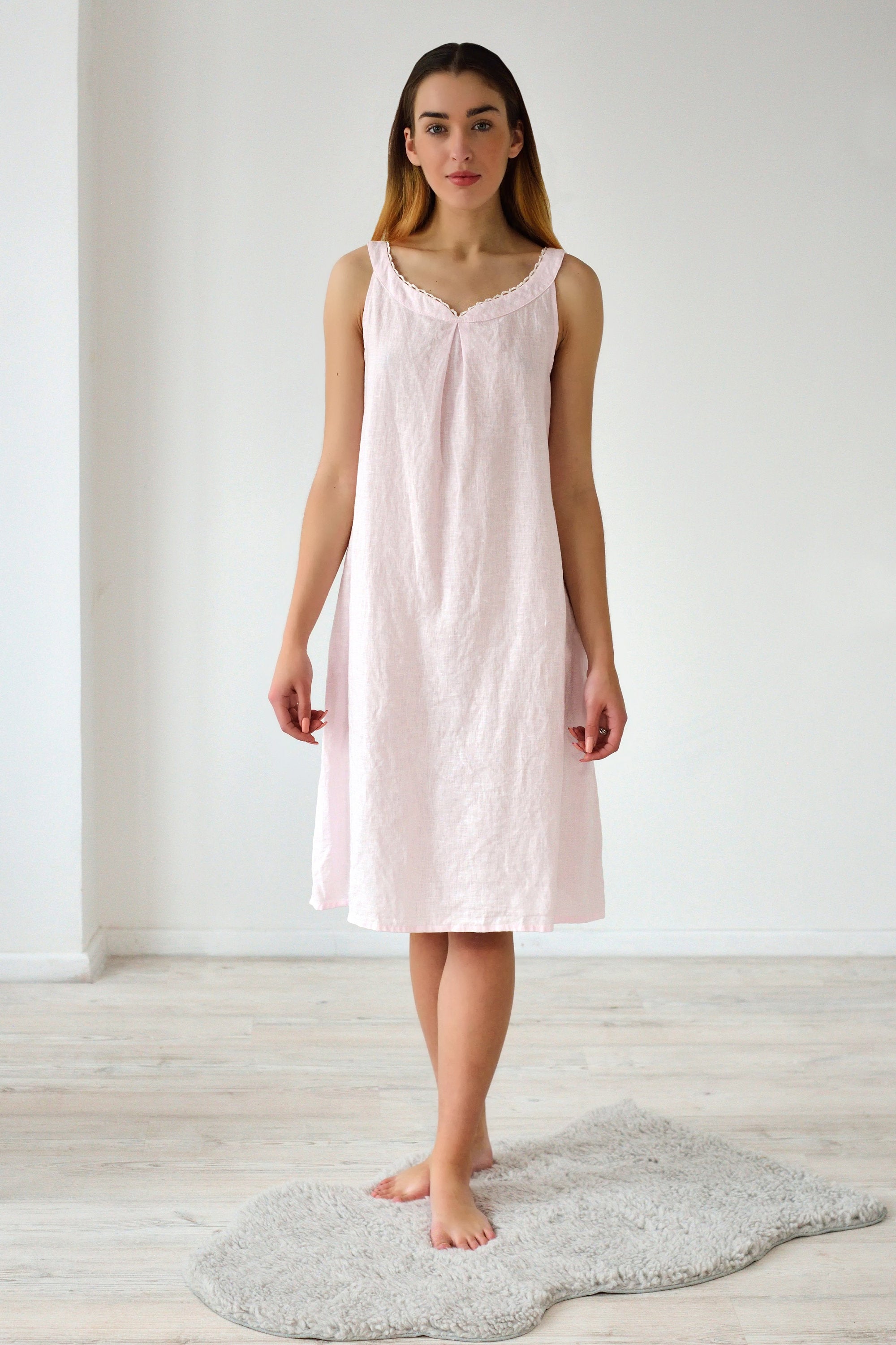 Linen Long Night Gown Rosie with Lace Trim