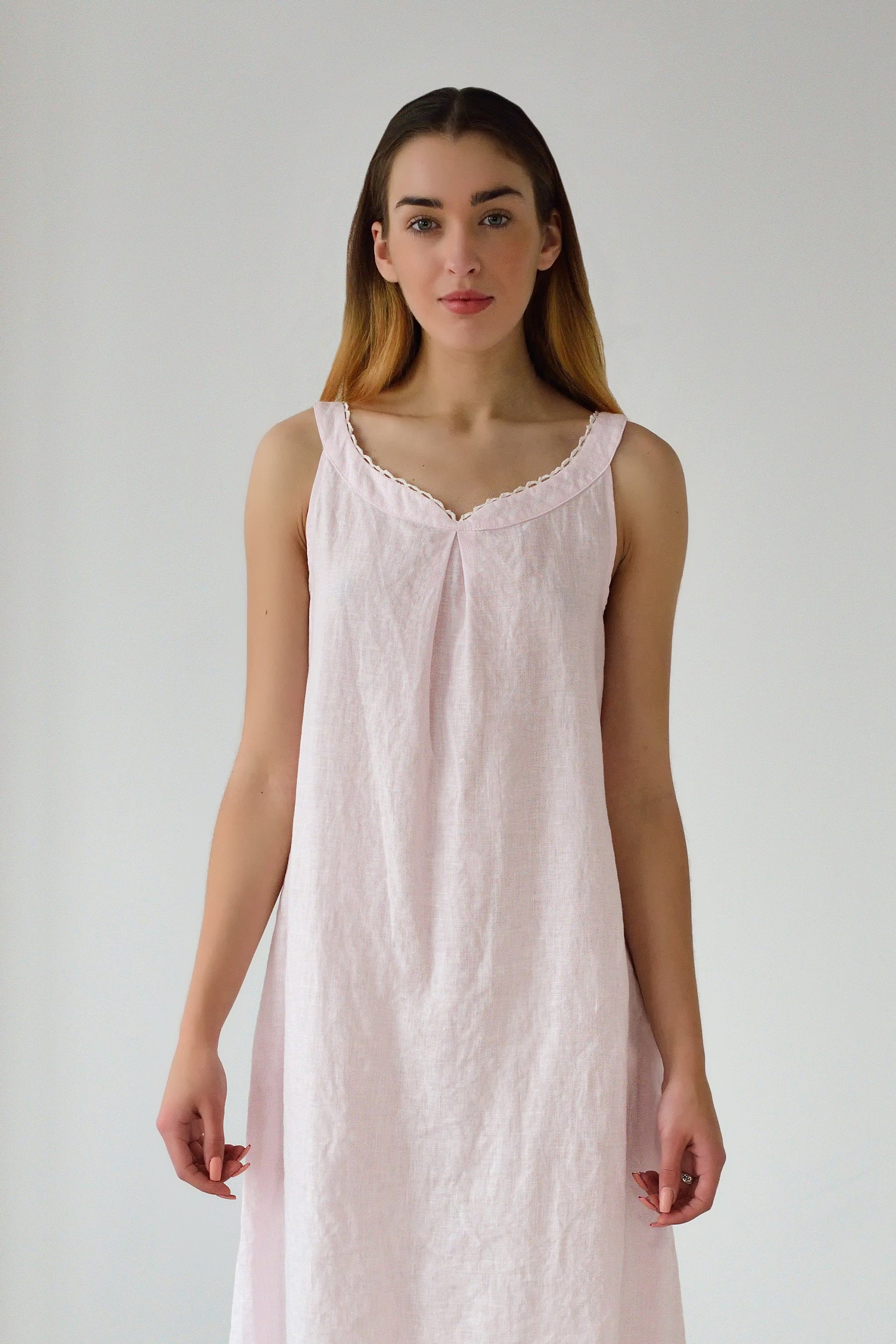 Linen Long Night Gown Rosie with Lace Trim - gallery