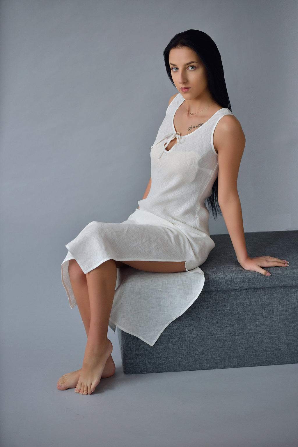 Linen Long Night Gown Dew - gallery