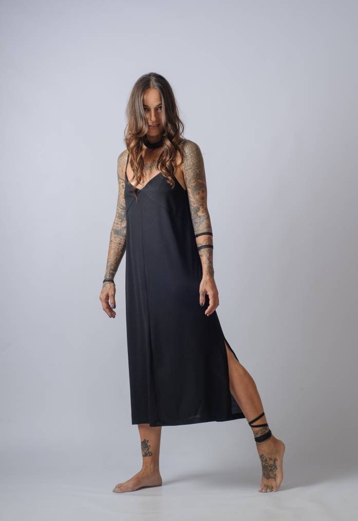 Strappy V-Neck Midi Dress for Women — Side-Split Loose Fit