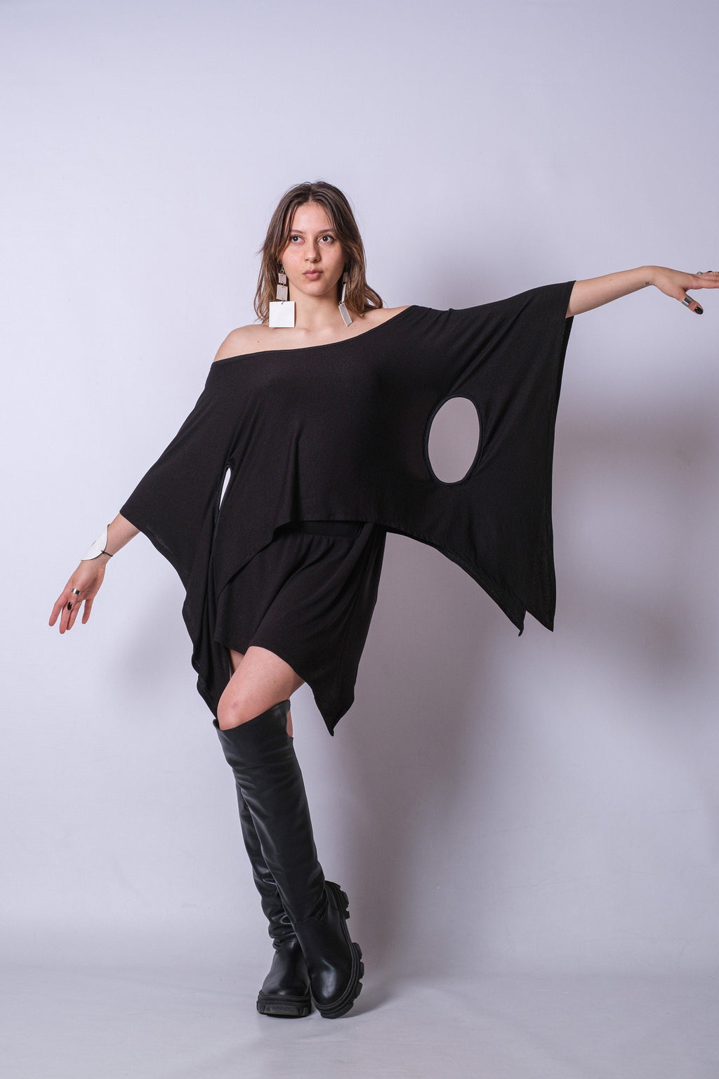 Black Asymmetric Tunic Dress for Women — Oversized Layered