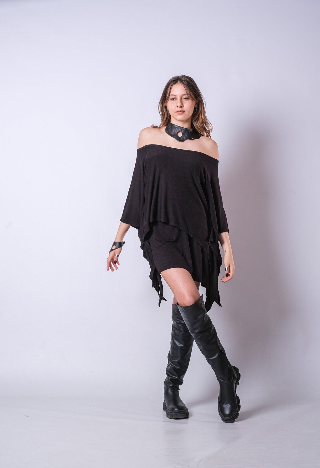 Black Asymmetric Tunic Dress for Women — Oversized Layered - gallery