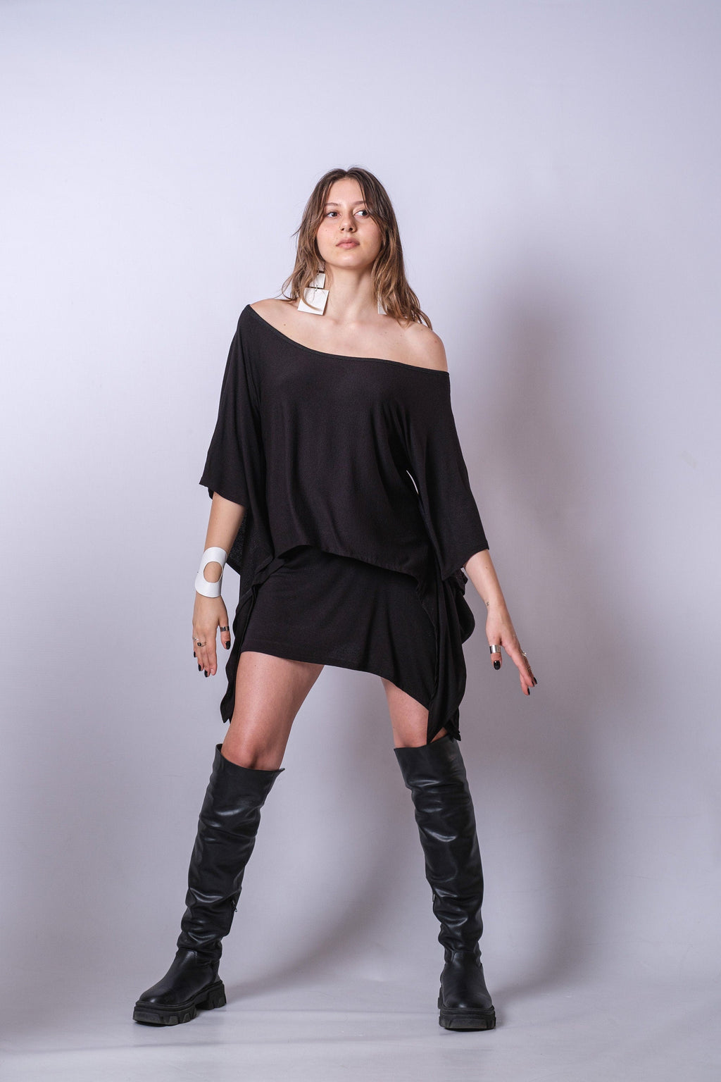 Black Asymmetric Tunic Dress for Women — Oversized Layered - gallery