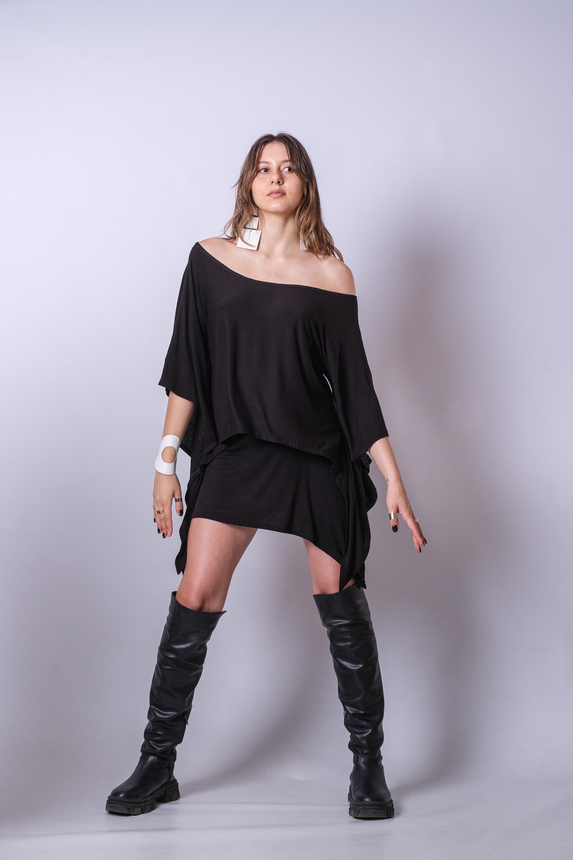 Black Asymmetric Tunic Dress for Women — Oversized Layered - gallery