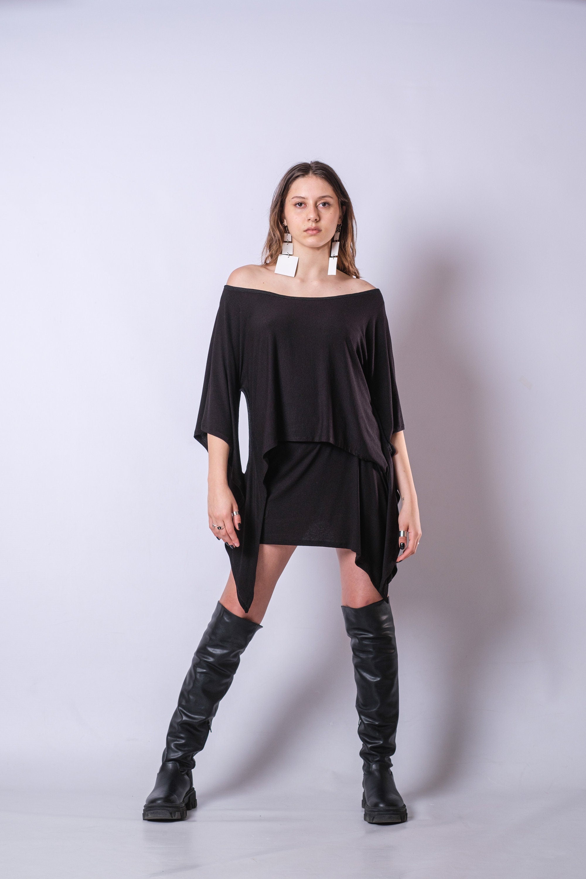 Black Asymmetric Tunic Dress for Women — Oversized Layered - gallery