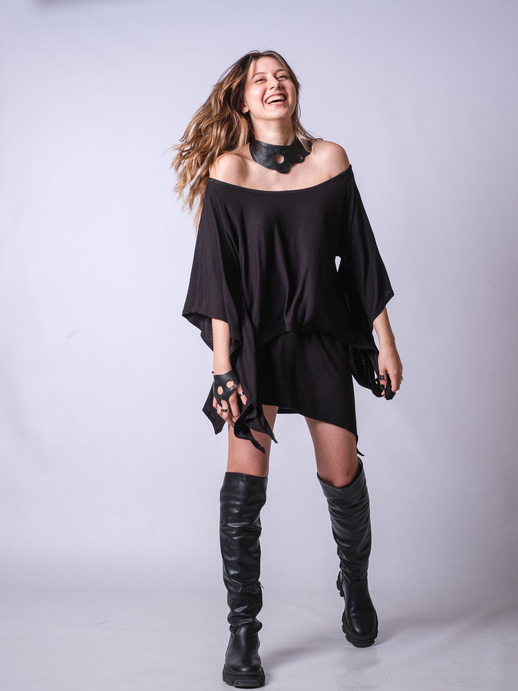 Black Asymmetric Tunic Dress for Women — Oversized Layered - gallery