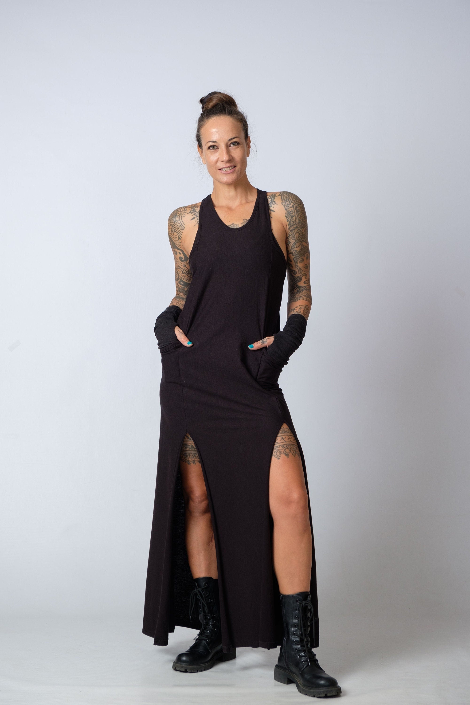 Racer Back Maxi Tunic Dress for Women — Side Splits and Pockets