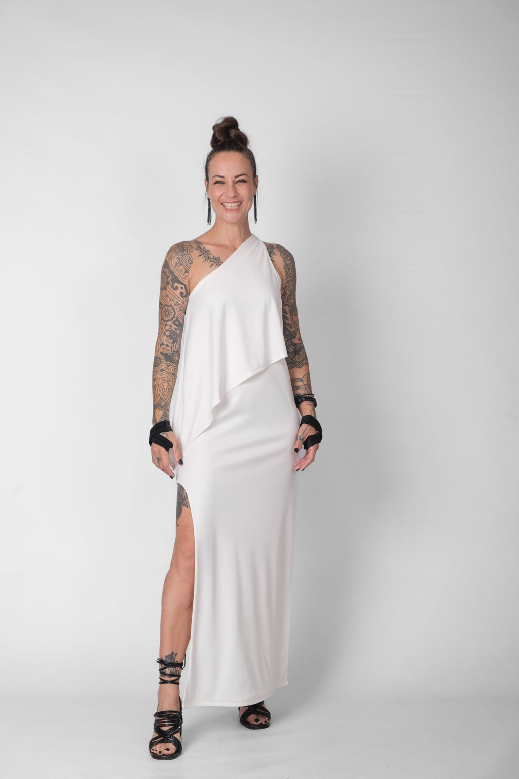 One Shoulder Elegant Maxi Dress for Women — Layered Side Split - gallery