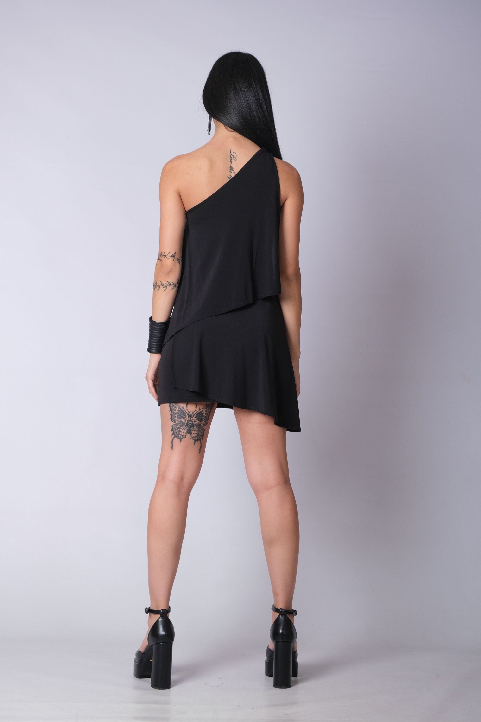 One Shoulder Mini Dress for Women — Layered Flared Hem - gallery
