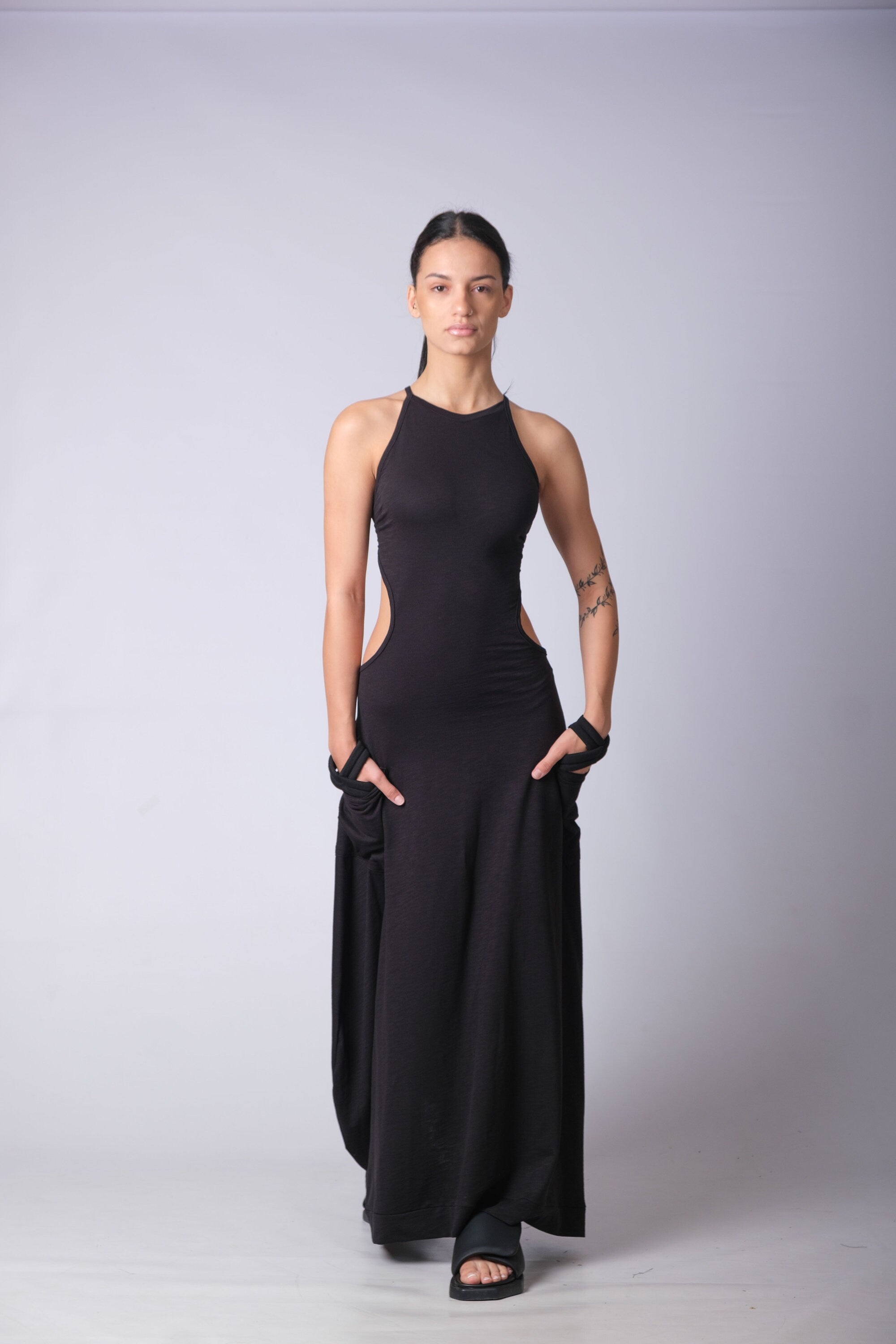 Open-Back Maxi Dress for Women — Cut-Out Caftan with Pockets - gallery