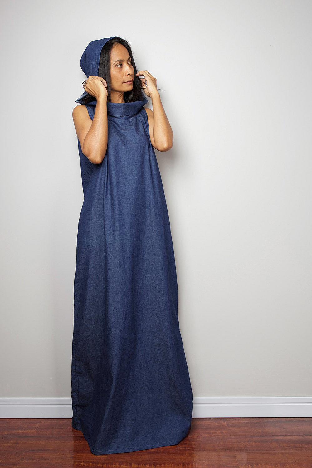 Sleeveless Hooded Denim Maxi Dress for Women — Artisan - gallery