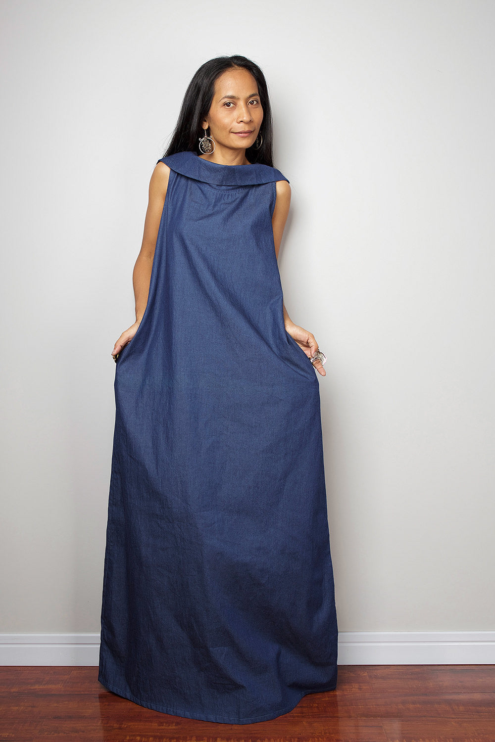 Sleeveless Hooded Denim Maxi Dress for Women — Artisan - gallery