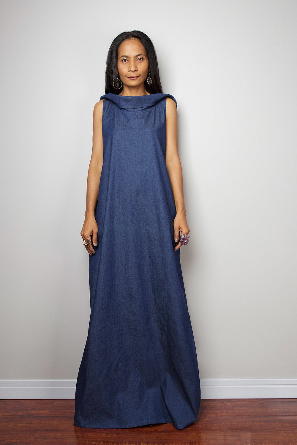 Sleeveless Hooded Denim Maxi Dress for Women — Artisan