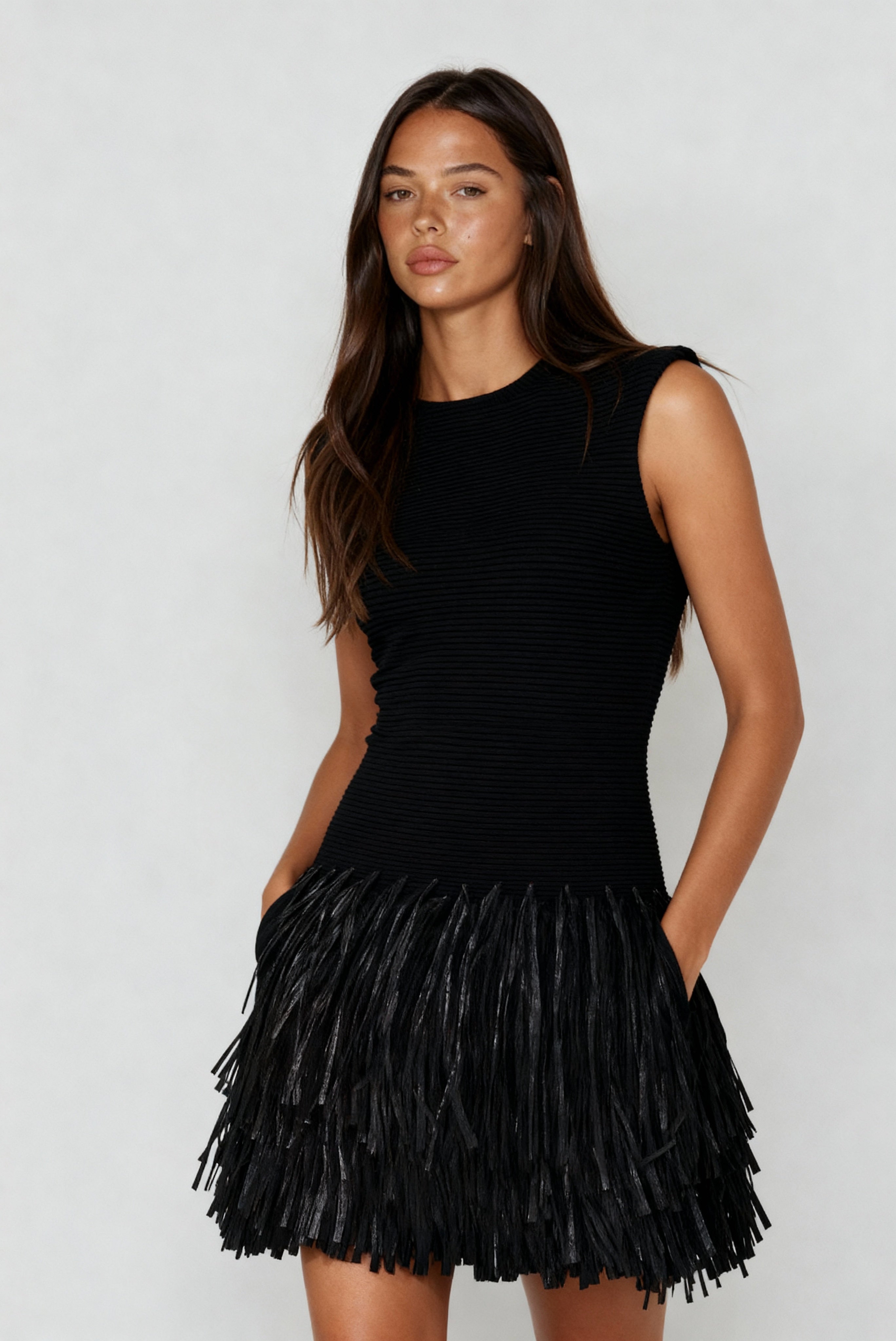 Fringe Detail Mini Dress for Women — Black Beach Party Style