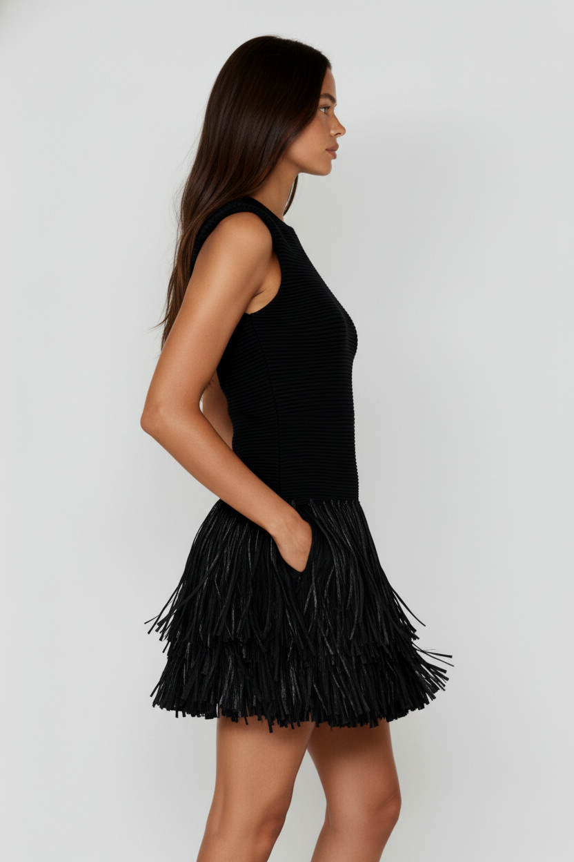 Fringe Detail Mini Dress for Women — Black Beach Party Style - gallery