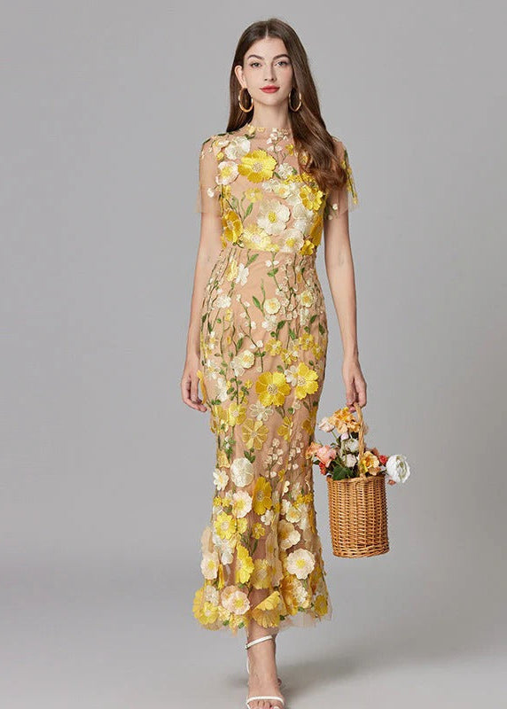 Floral Appliqué Sheer Mesh Mermaid Maxi Dress for Women