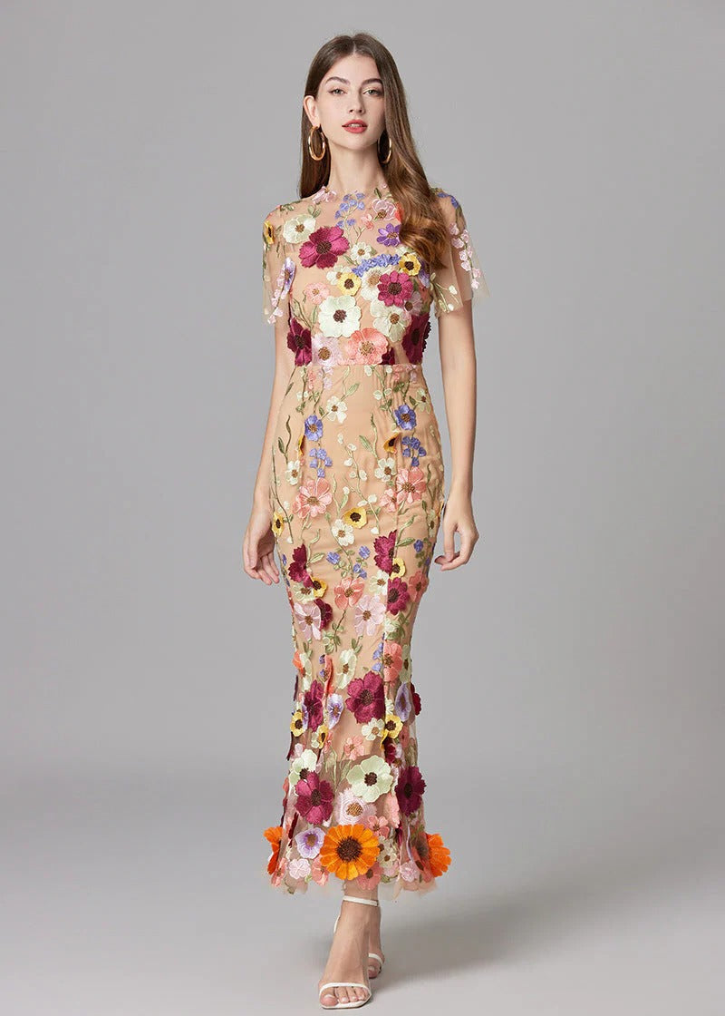 Floral Appliqué Sheer Mesh Mermaid Maxi Dress for Women - gallery