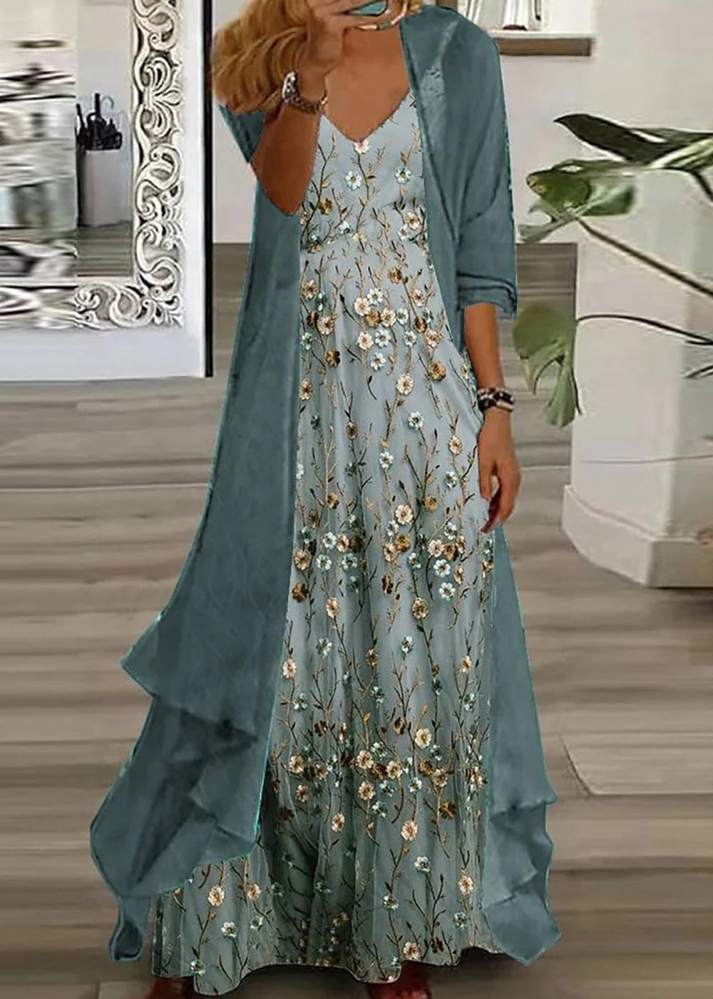 Floral Embroidered Maxi Dress and Duster Cardigan Set for Women - gallery