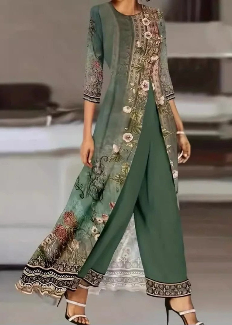 Floral Print Longline Tunic and Wide Leg Trousers Set for Women - gallery