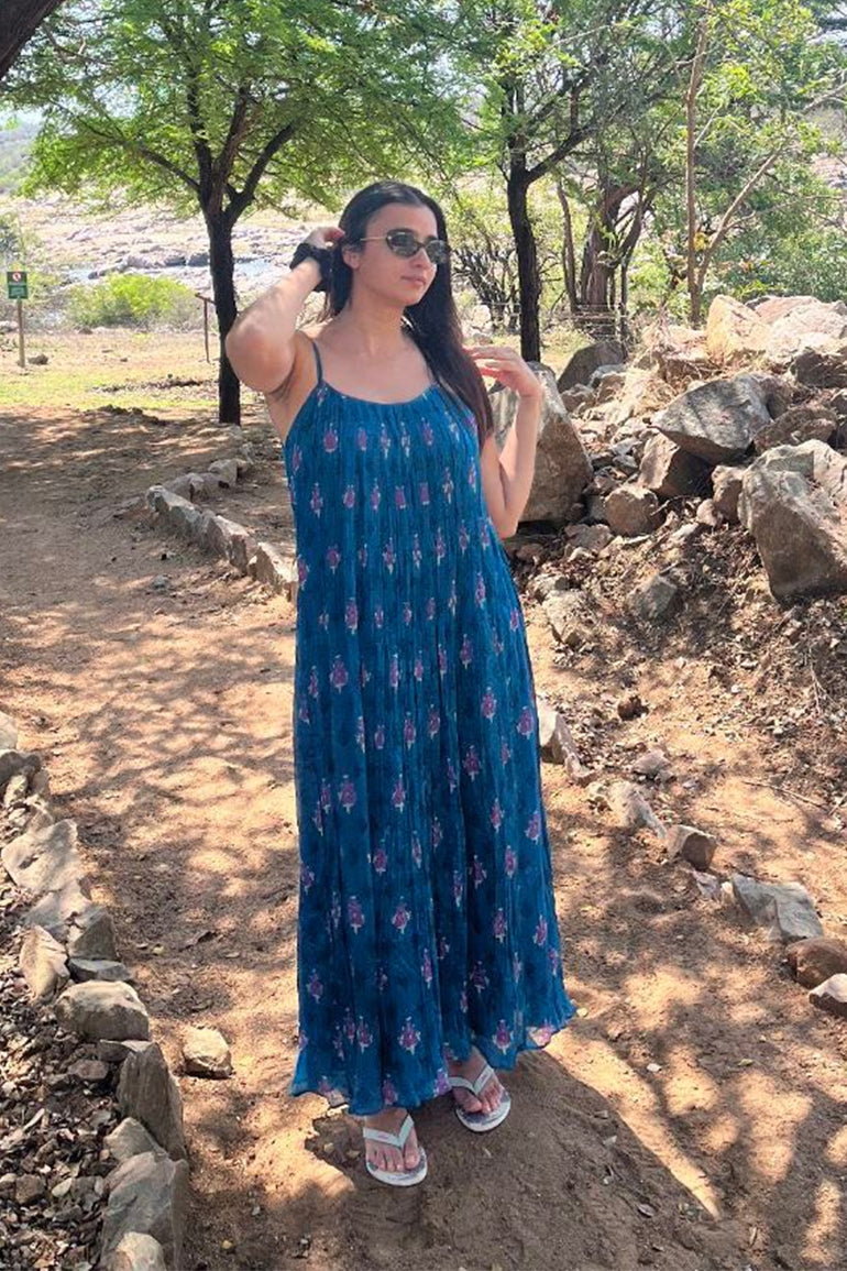 Teal Blossom Chiffon Midi Dress for Women - gallery