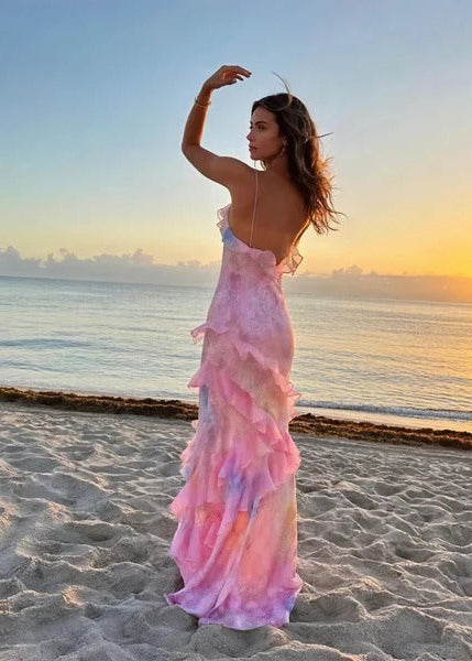 Cascading Ruffle Floral Chiffon Maxi Dress for Women - gallery