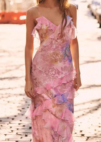 Cascading Ruffle Floral Chiffon Maxi Dress for Women