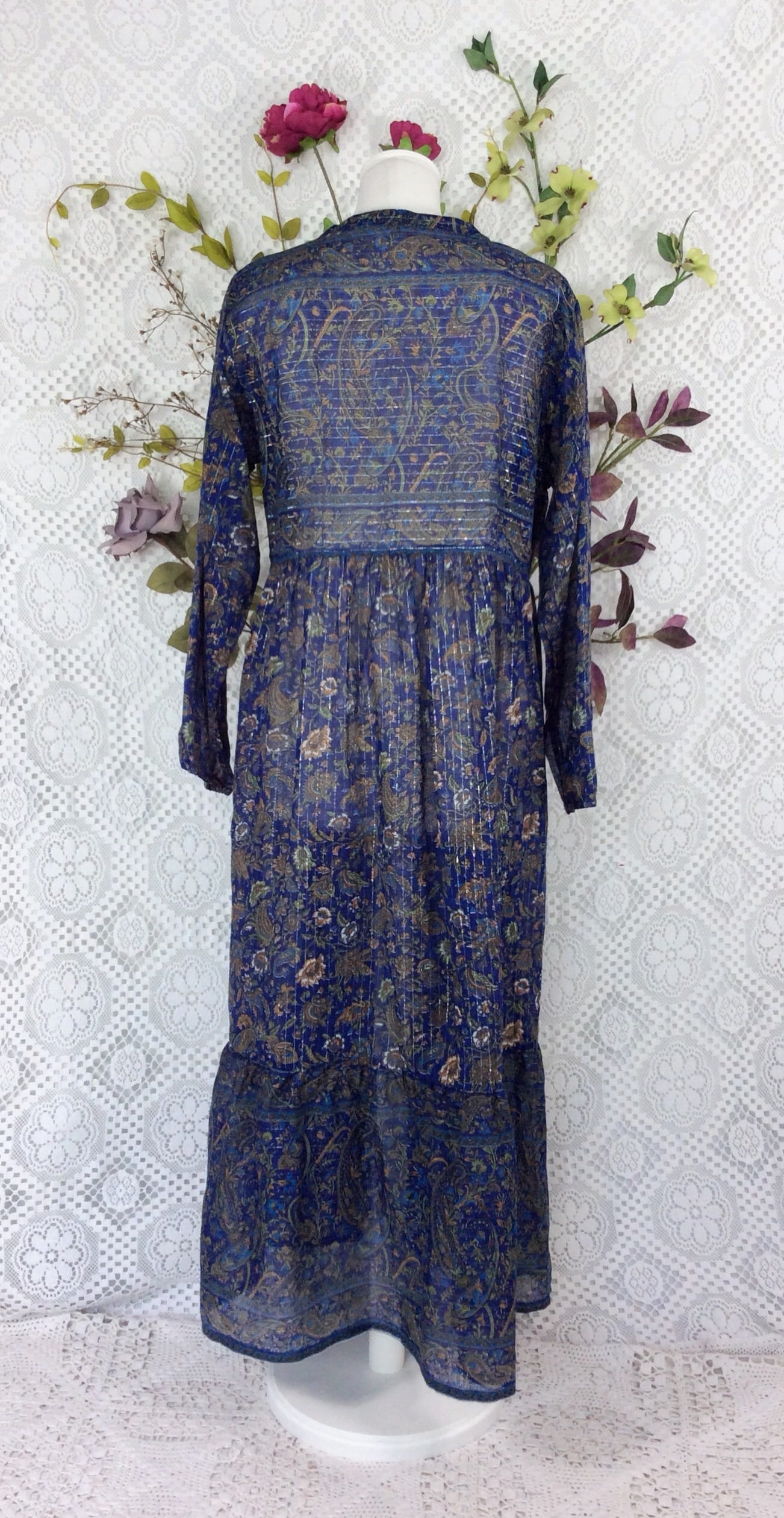 Florence Smock Dress in Sparkly Indian Cotton - Midnight Blue & Sage - gallery