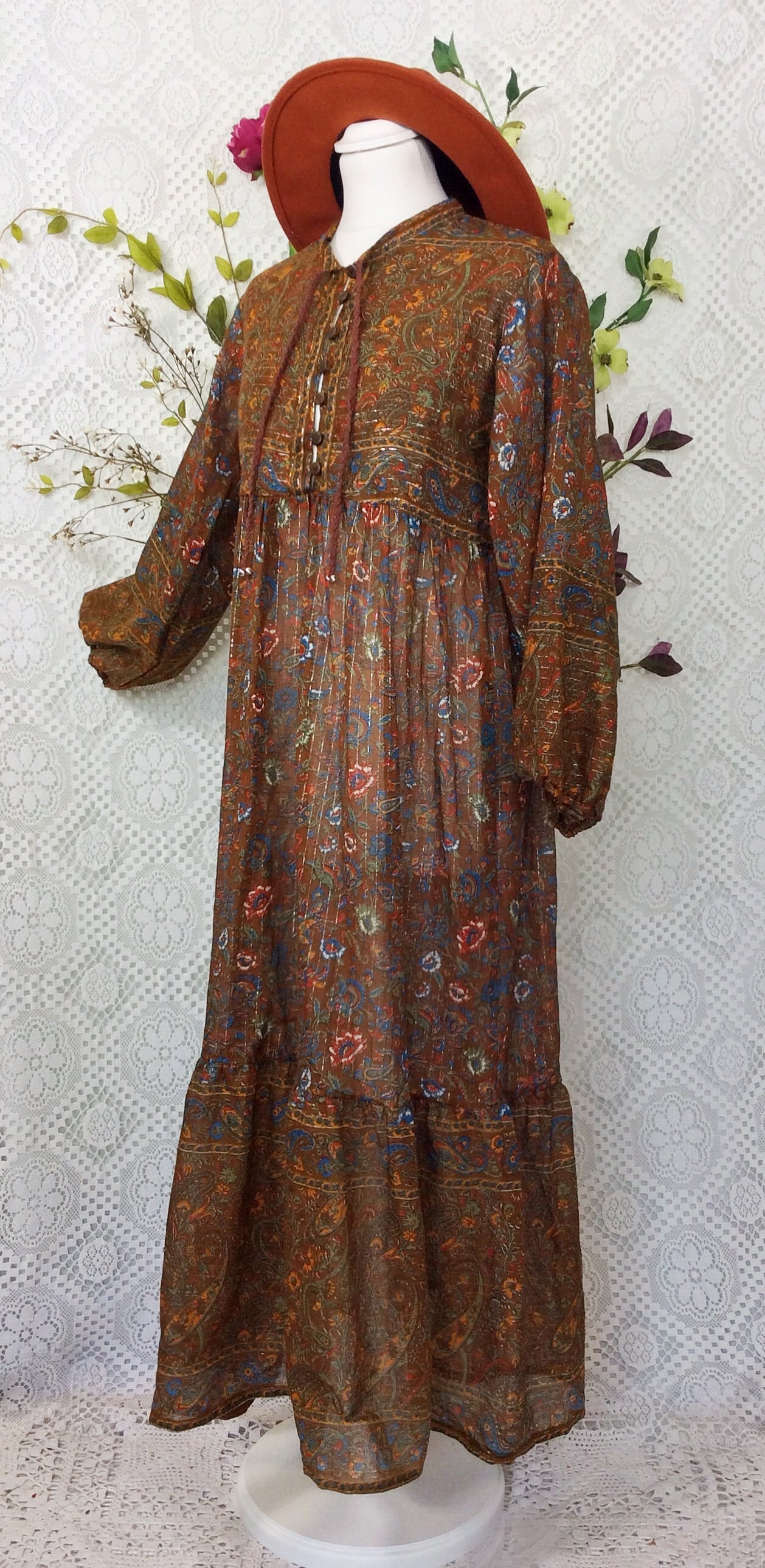 Florence Smock Dress in Sparkly Indian Cotton - Chestnut & Cobalt