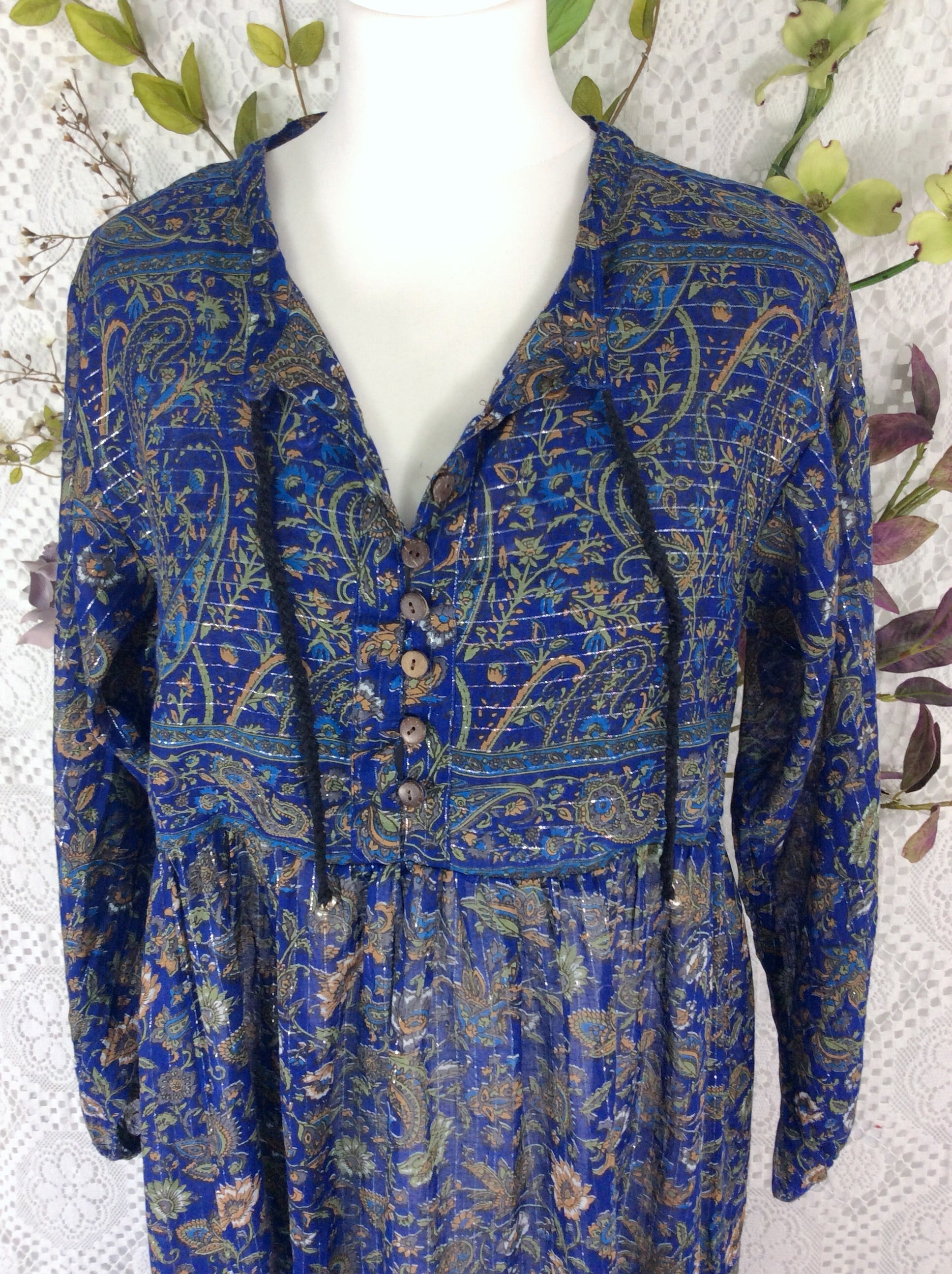 Florence Smock Dress in Sparkly Indian Cotton - Midnight Blue & Sage - gallery
