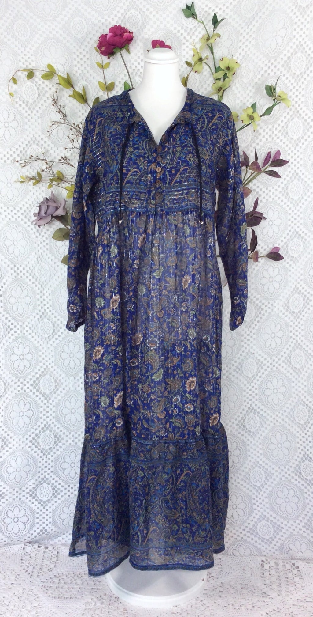 Florence Smock Dress in Sparkly Indian Cotton - Midnight Blue & Sage - gallery