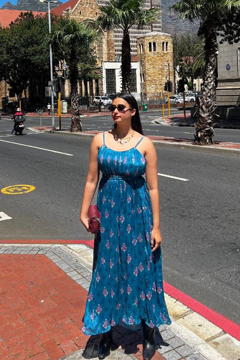 Teal Blossom Chiffon Midi Dress for Women - gallery