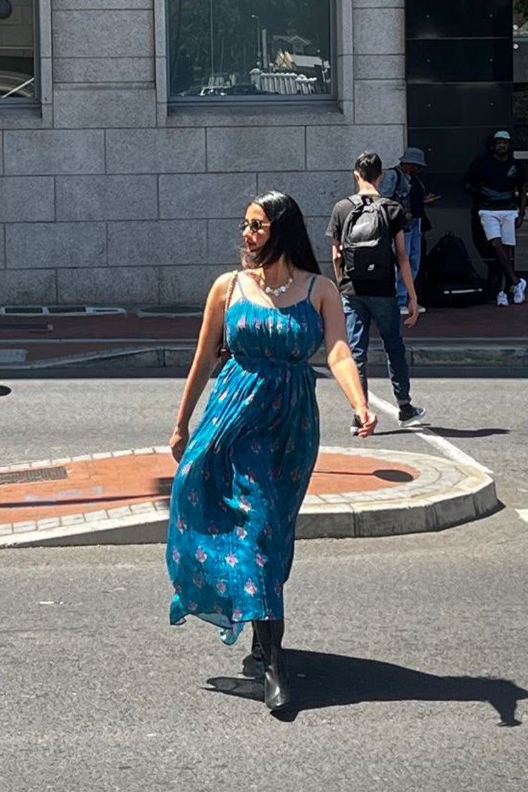 Teal Blossom Chiffon Midi Dress for Women - gallery