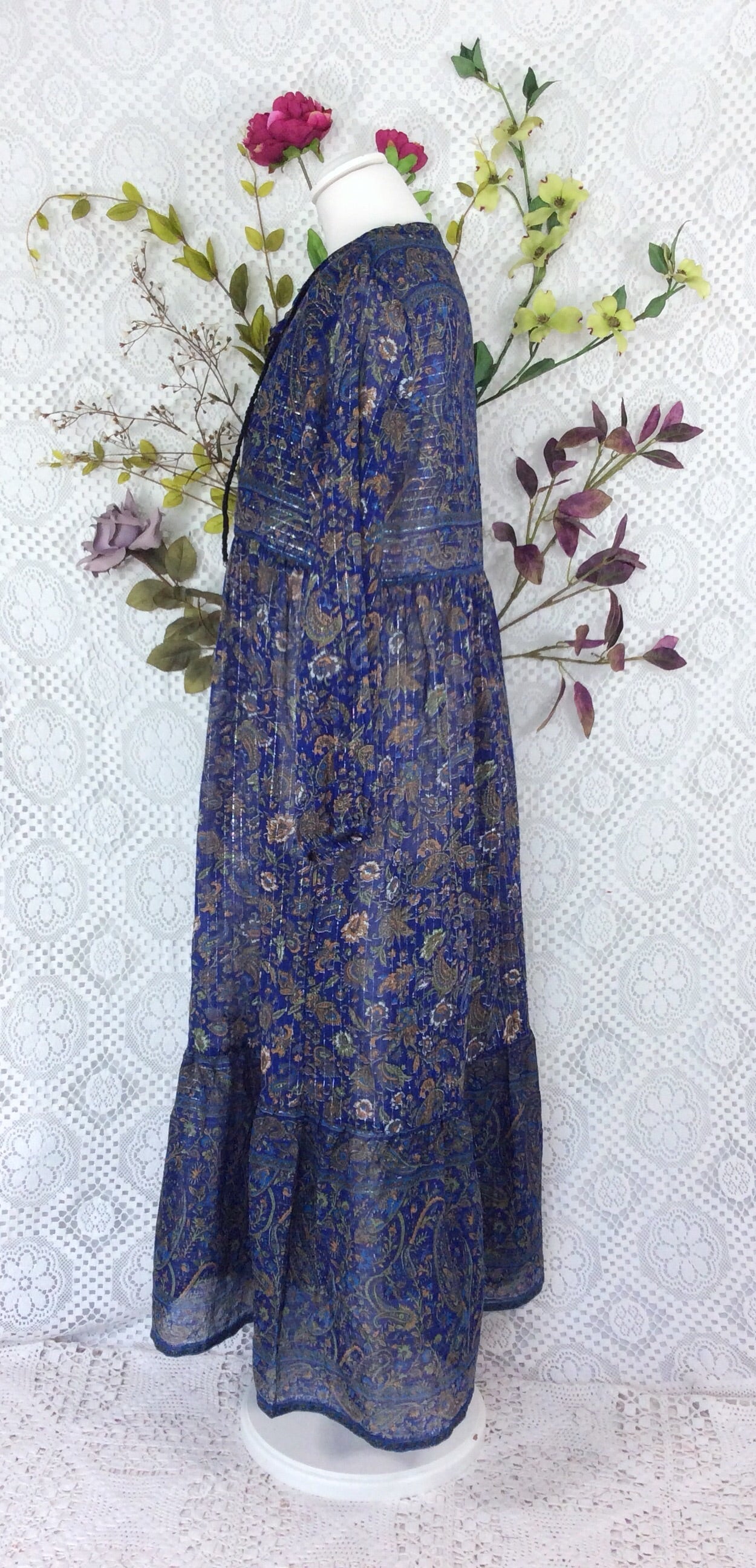 Florence Smock Dress in Sparkly Indian Cotton - Midnight Blue & Sage - gallery