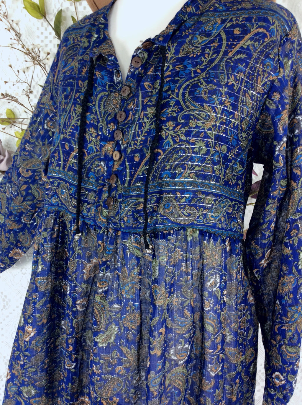 Florence Smock Dress in Sparkly Indian Cotton - Midnight Blue & Sage - gallery