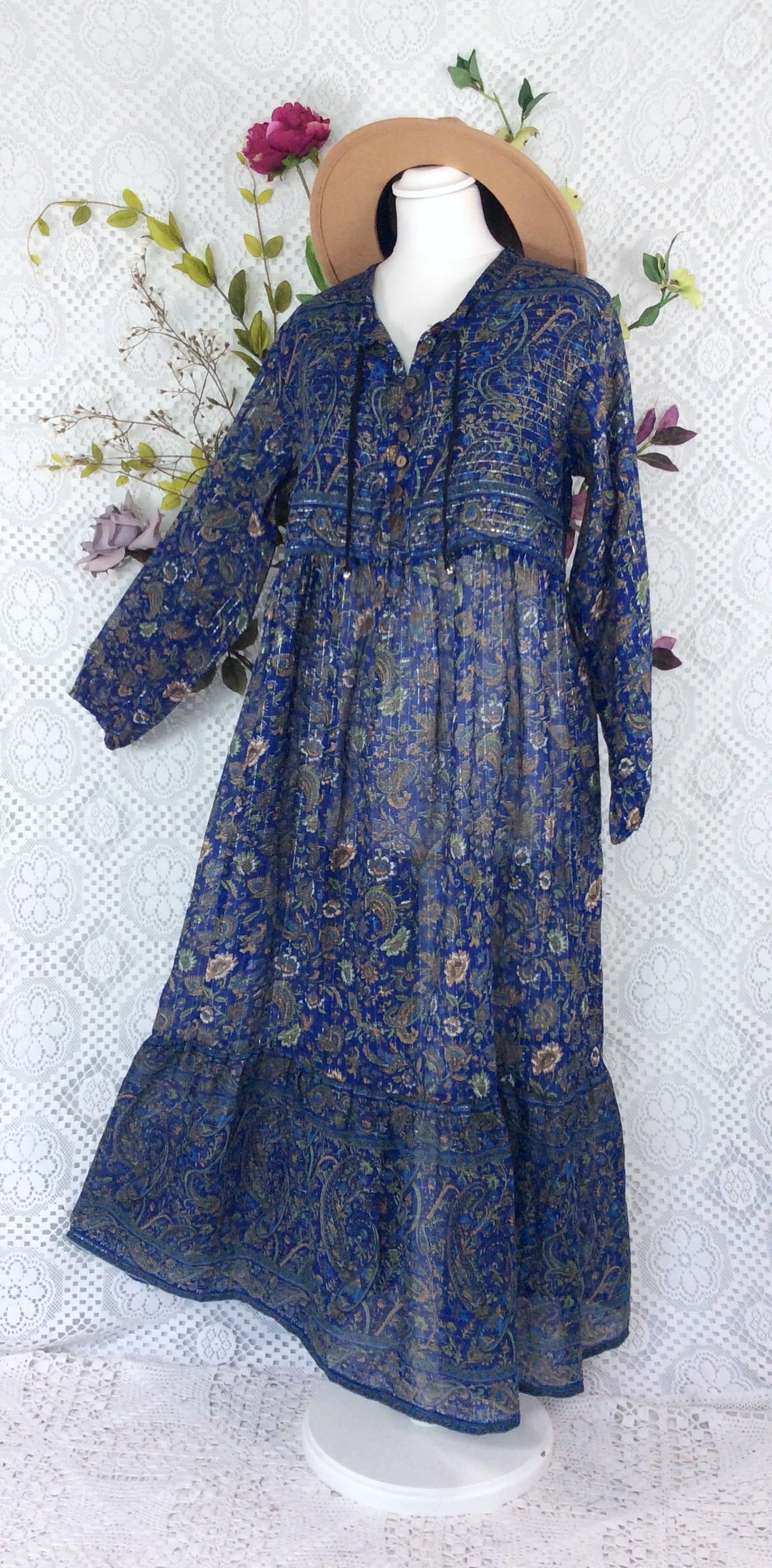 Florence Smock Dress in Sparkly Indian Cotton - Midnight Blue & Sage