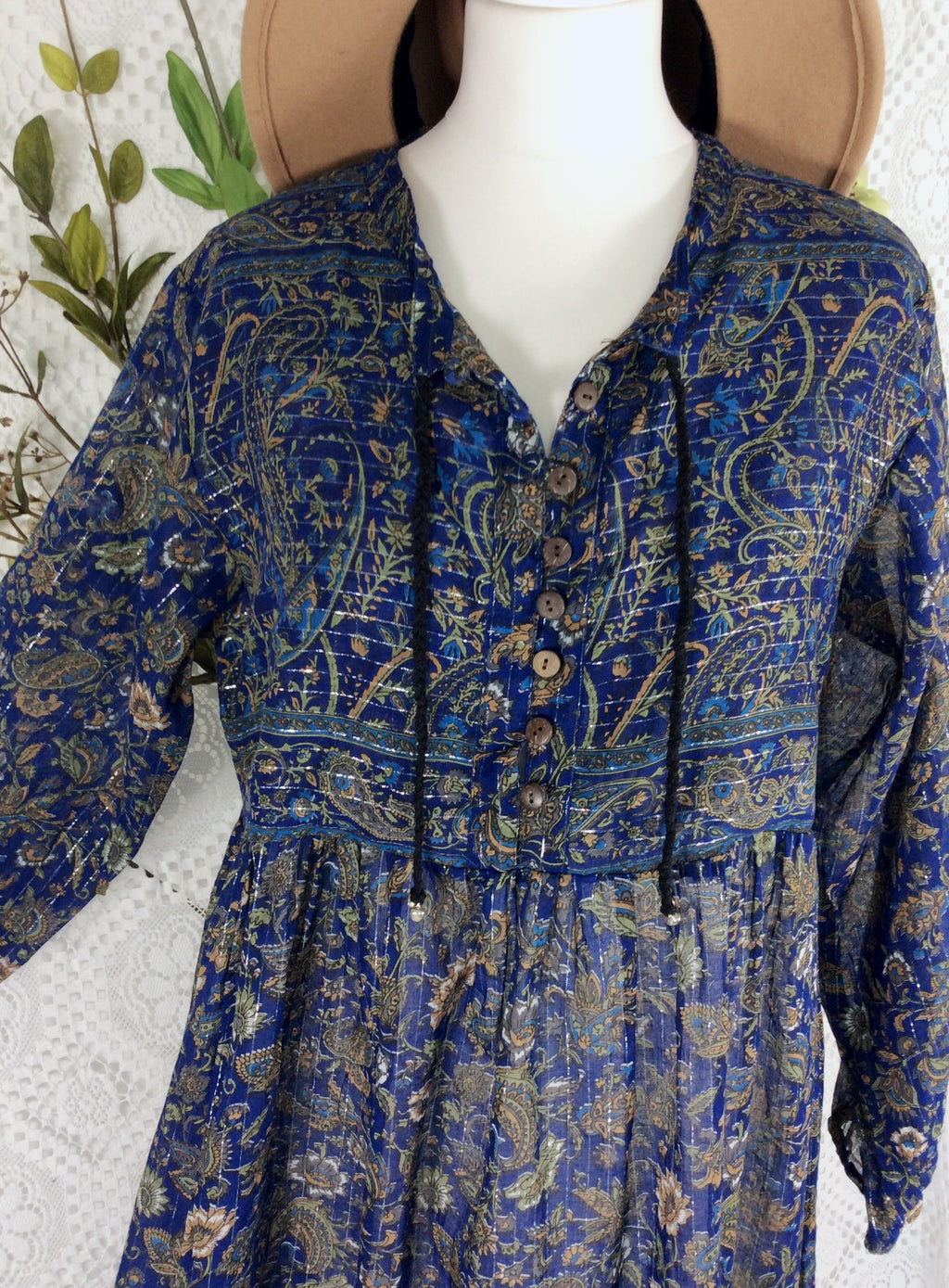 Florence Smock Dress in Sparkly Indian Cotton - Midnight Blue & Sage - gallery