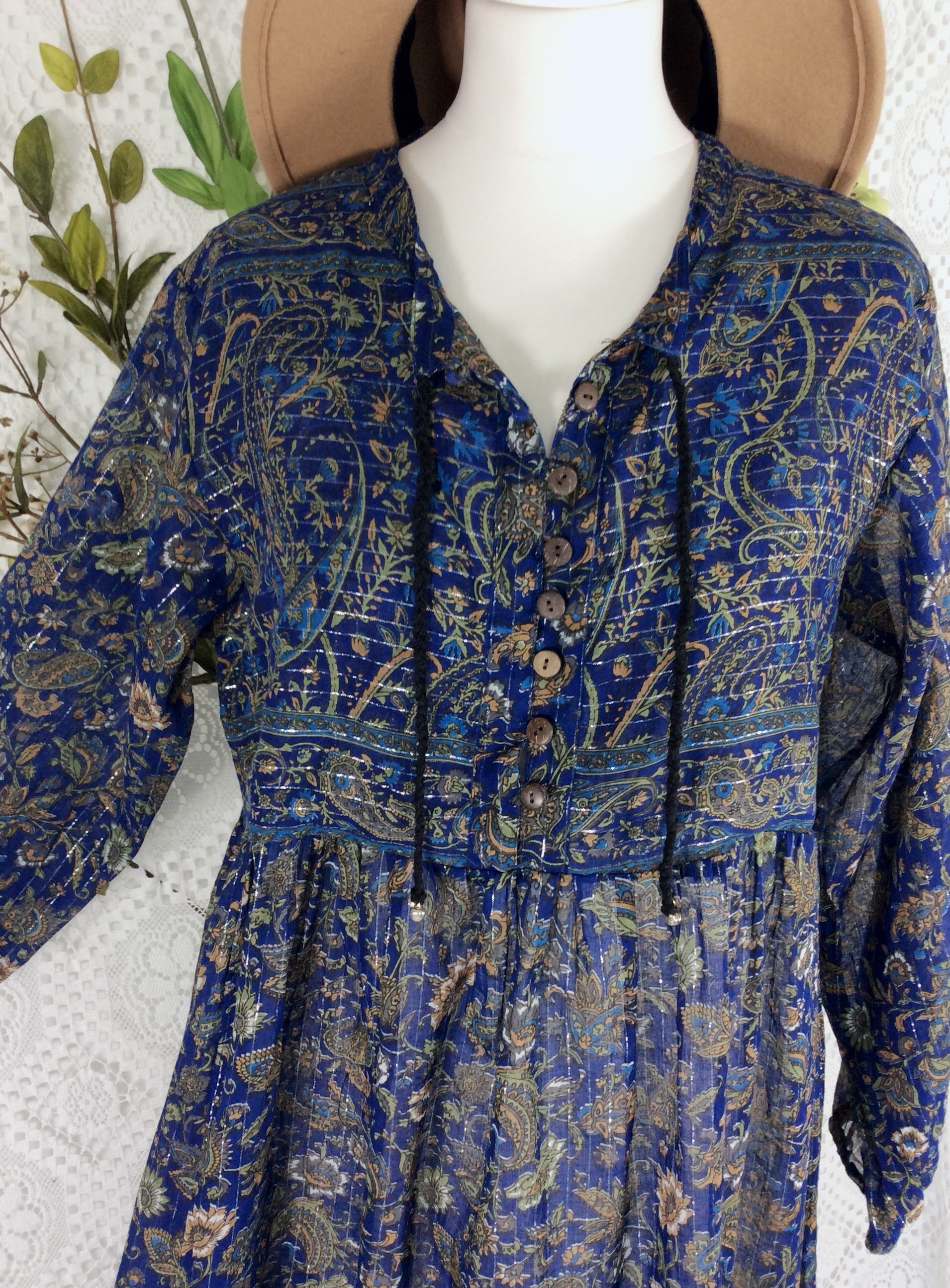 Florence Smock Dress in Sparkly Indian Cotton - Midnight Blue & Sage - gallery