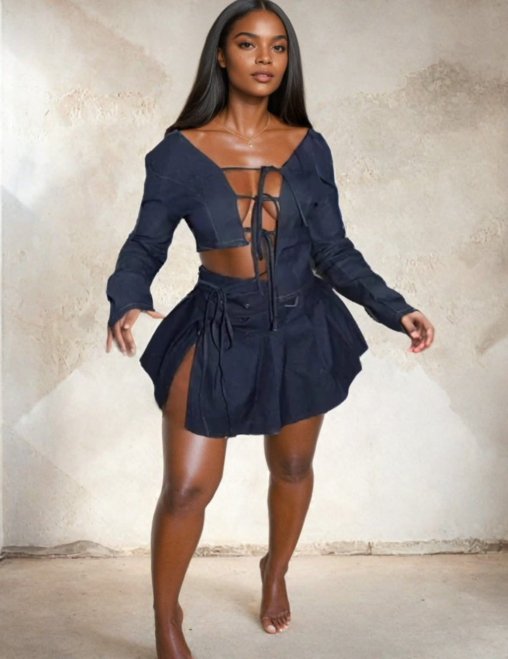 Irregular Lace Up Crop Top and Pleated Mini Skirt for Women - gallery