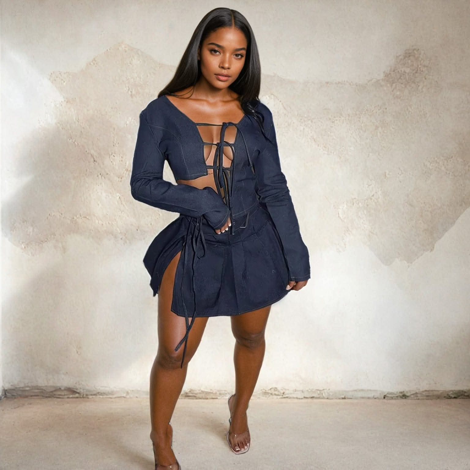 Irregular Lace Up Crop Top and Pleated Mini Skirt for Women
