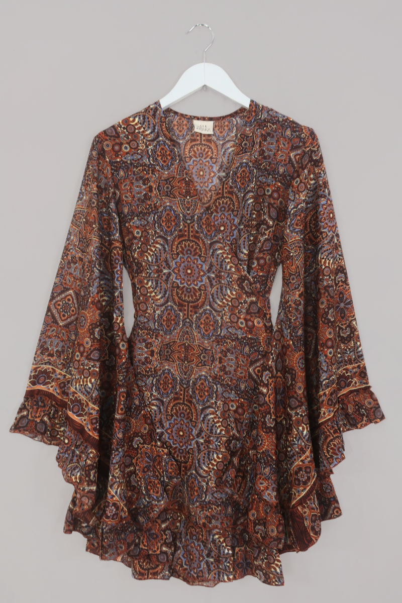 Venus Mini Wrap Dress in Jagger Lilac & Rust Mandala - gallery