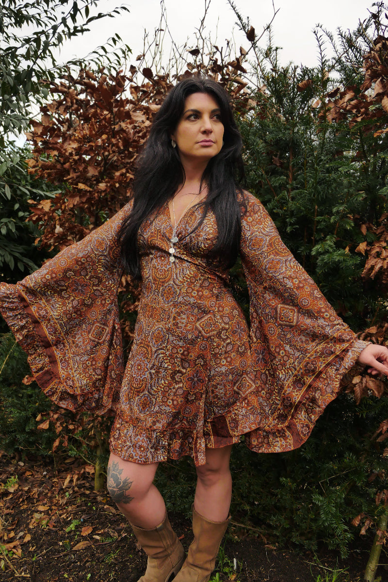 Venus Mini Wrap Dress in Jagger Lilac & Rust Mandala