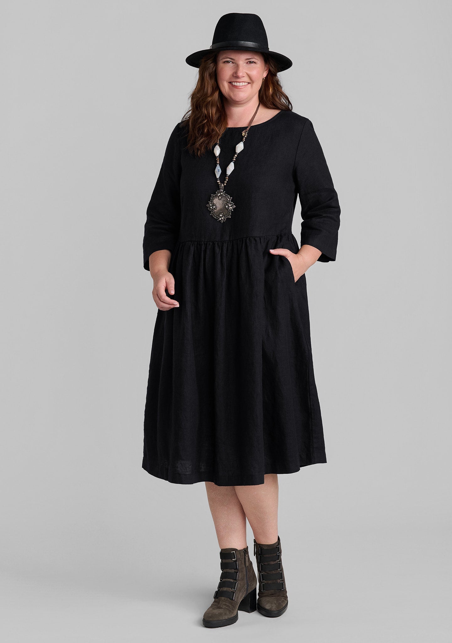 Jolie Three-Quarter Sleeve Linen Dress for Women - Black