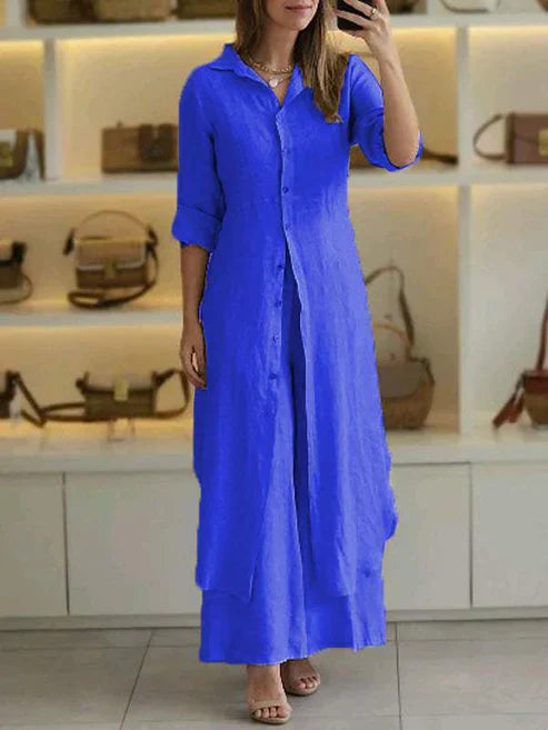 Lara Cotton Linen Loose Maxi Shirt Dress Three-Quarter Sleeve Button
