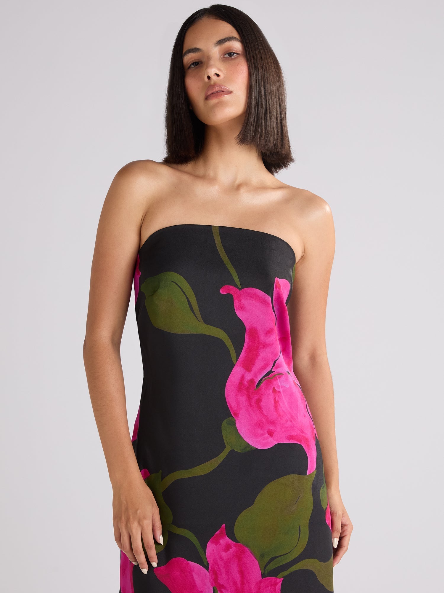Petite Kira Pink Floral Satin Bandeau Dress — gallery