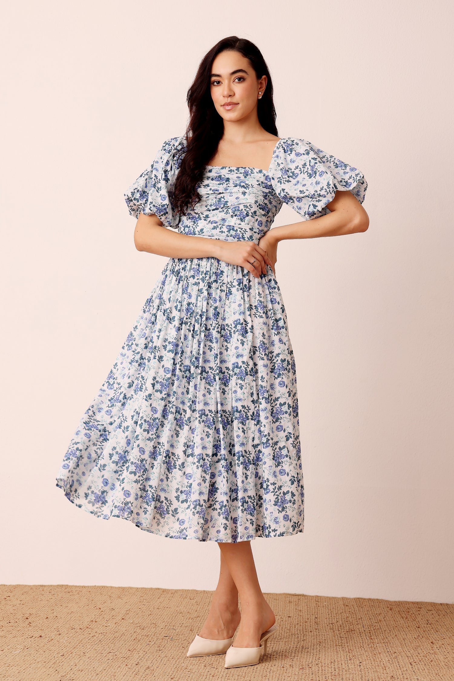 Lana Puff Sleeve Cotton Midi Dress in Blue White Floral — gallery