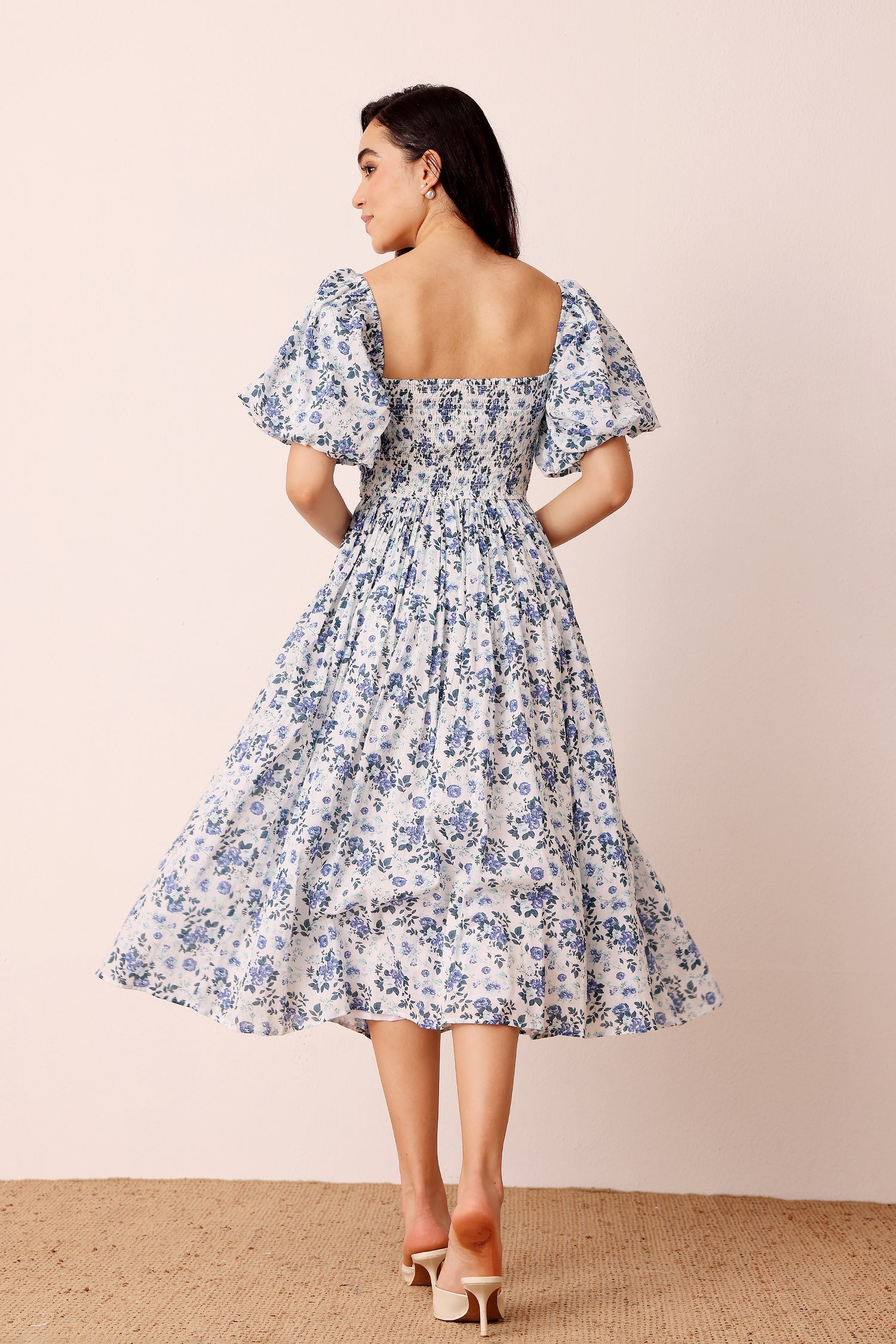 Lana Puff Sleeve Cotton Midi Dress in Blue White Floral — gallery