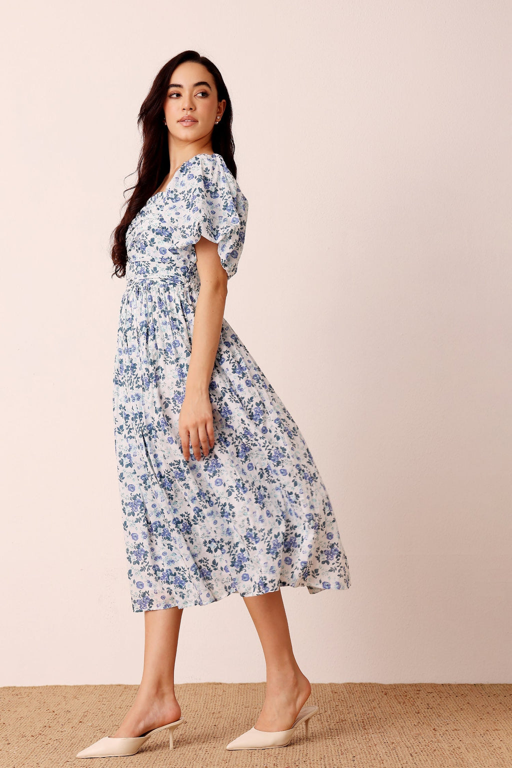 Lana Puff Sleeve Cotton Midi Dress in Blue White Floral — gallery