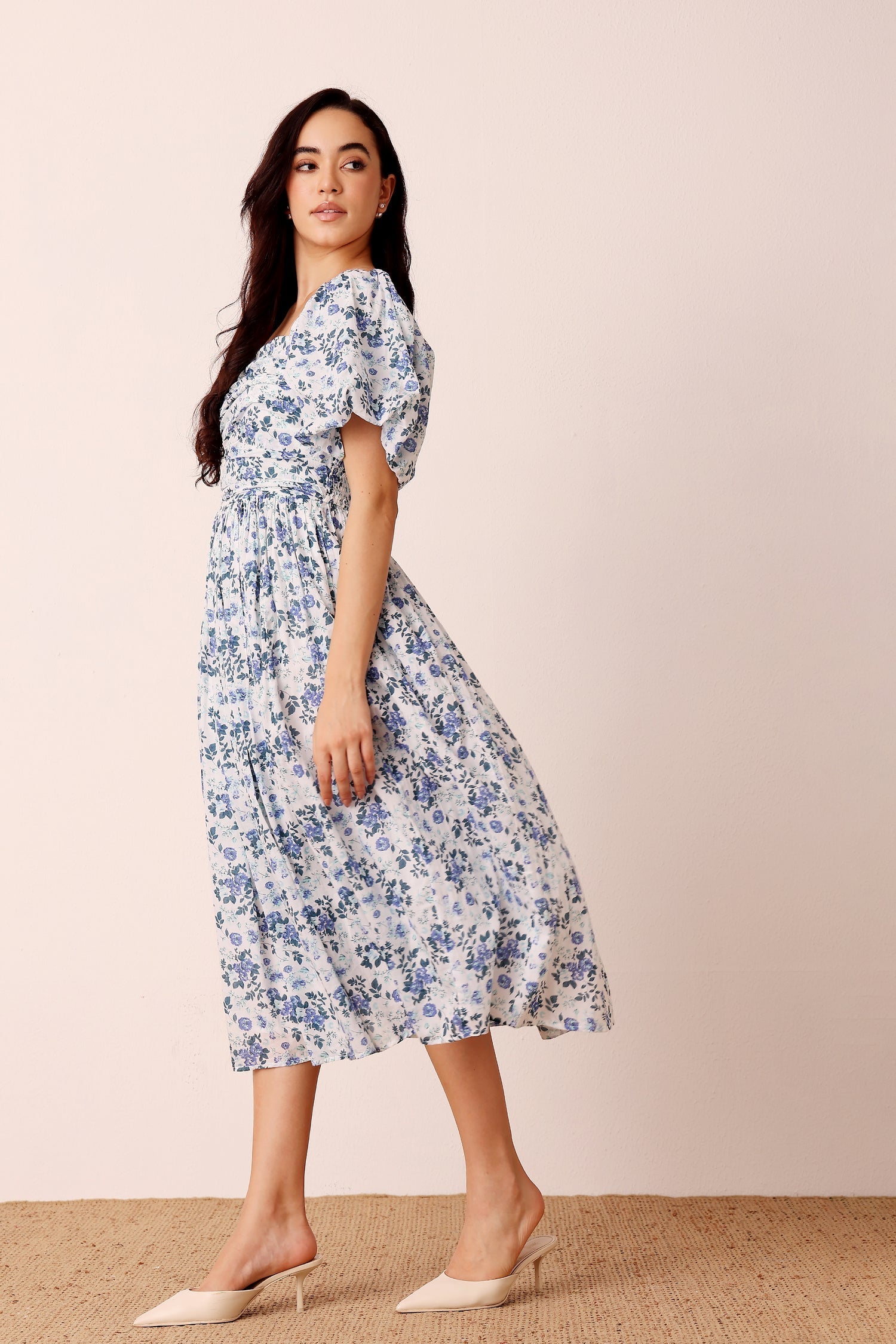 Lana Puff Sleeve Cotton Midi Dress in Blue White Floral — gallery