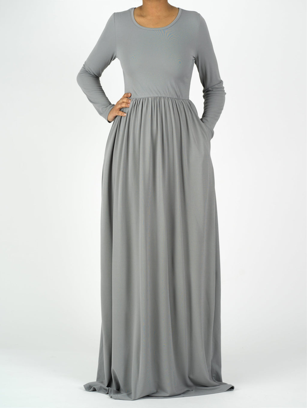 Light Grey Silky Modest Maxi Dress for Women — Elastic Waist